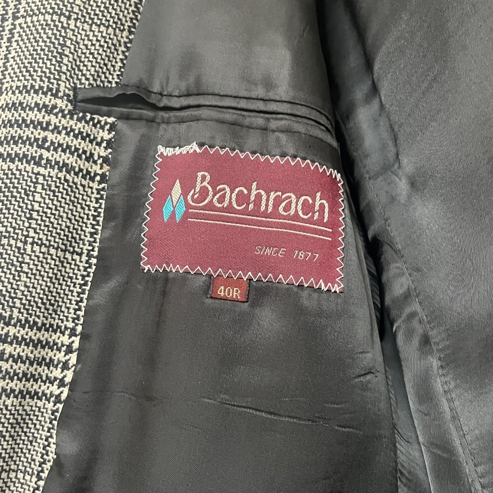 Vintage Bachrach Plaid Blazer 40R 100% Silk Lined Black White Glen Check - Picture 4 of 14
